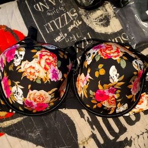 Black floral skull bra